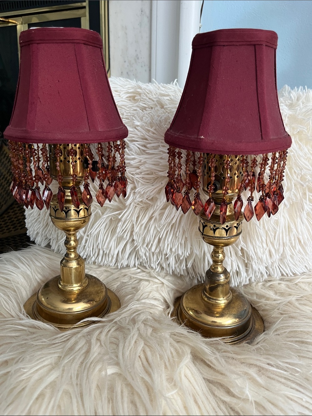 Vintage Pair Burgundy and Brass Bedside Lamps
